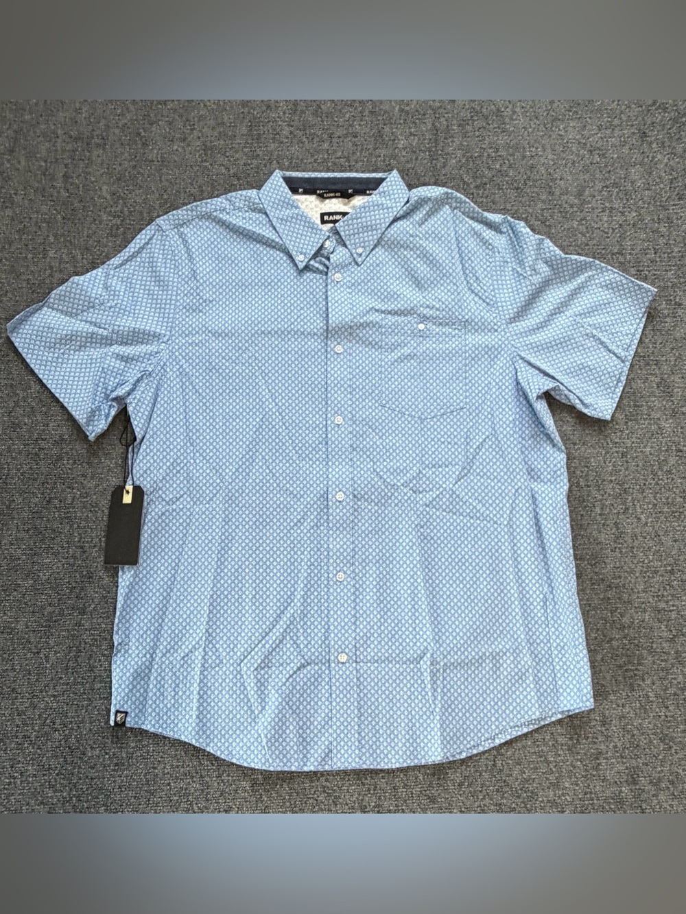 Rank 45 Mens Large Button Down Shirt Blue Geometric Print Short Sleeve NWT